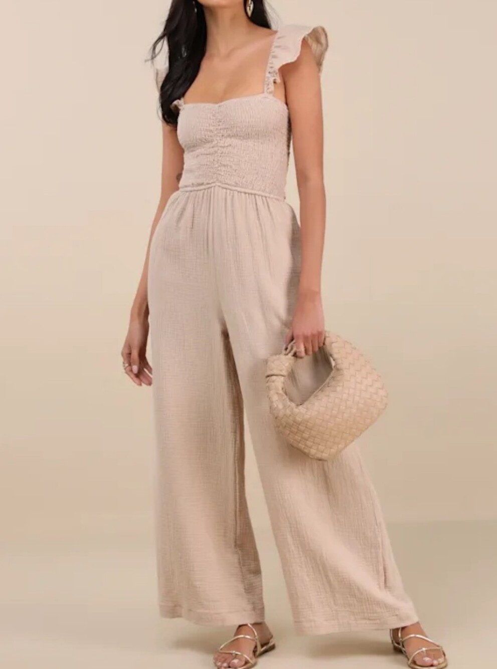 Lulus Tan Beige Smocked Ruffle Wide Leg Gauze Jumpsuit Small NWT